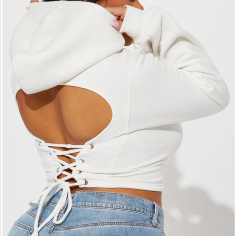 White Lace-Up Back Hoodie Top